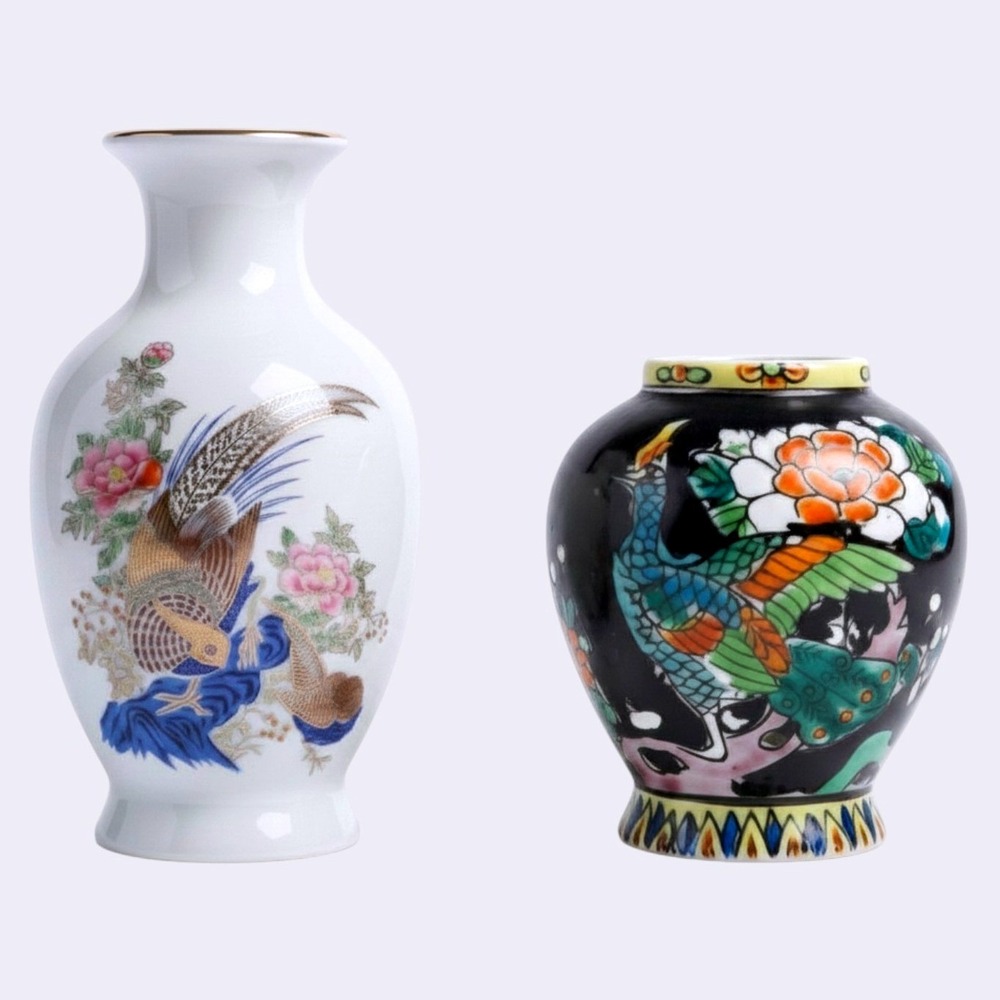 Vintage Miniature Japanese Porcelain Vases Lot of 2 Bird Floral Made in Japan